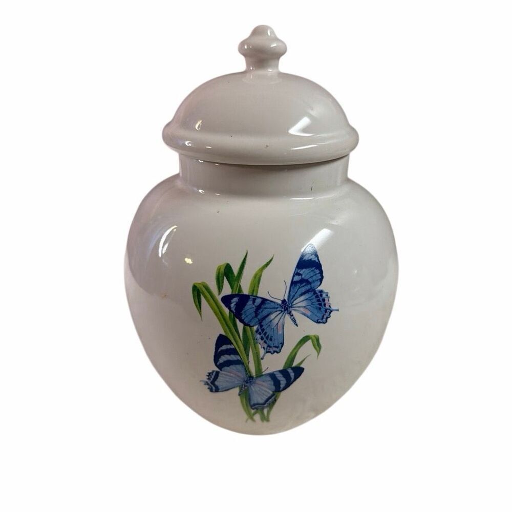 Vintage FTD White Blue Butterflies Ginger Jar  Lid Circa 1960 Home Decor Urn